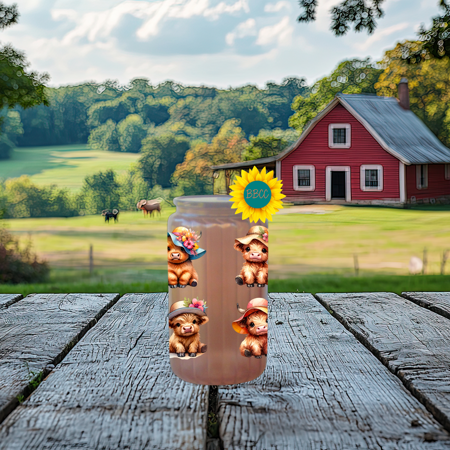 16oz Glass Tumbler – Highland Cow Summer Hats