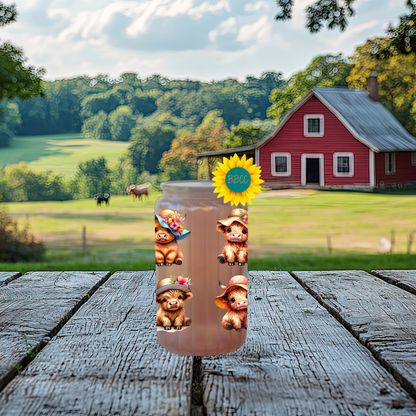 16oz Glass Tumbler – Highland Cow Summer Hats