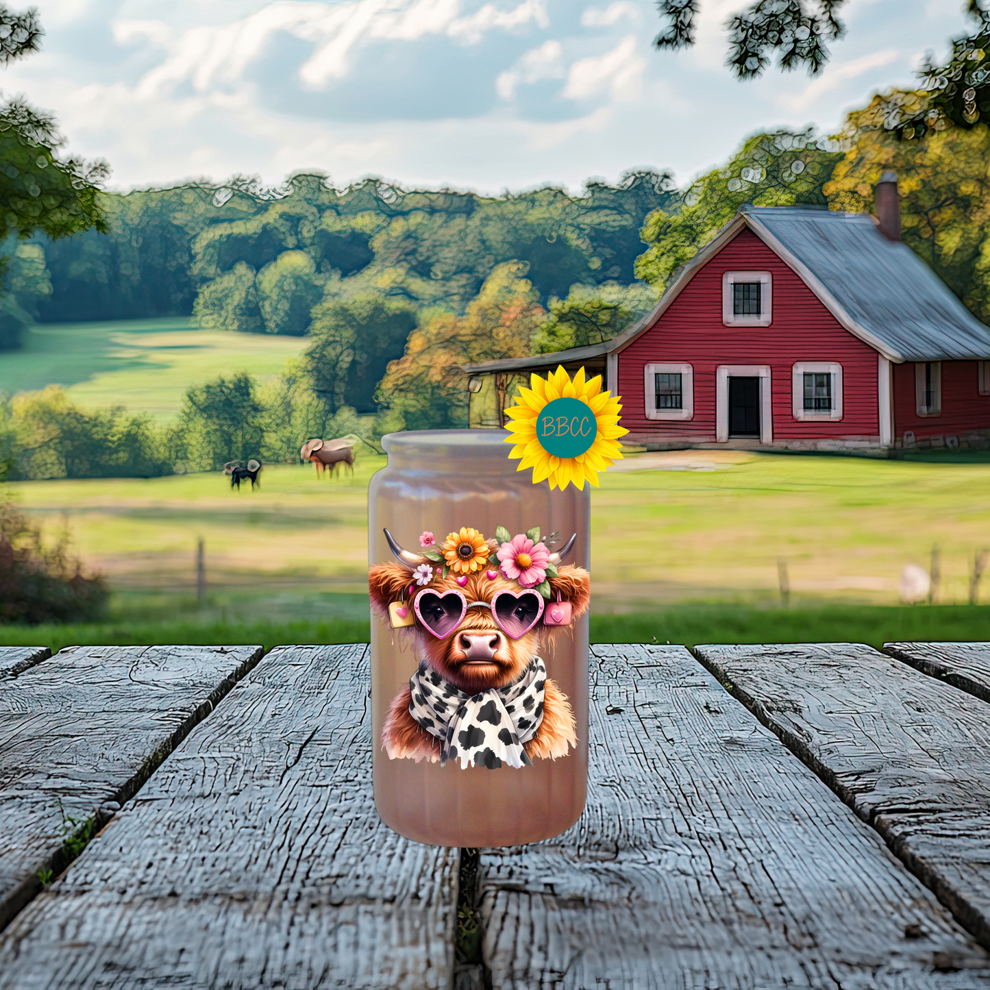 16oz Glass Tumbler – Floral Highland Cow