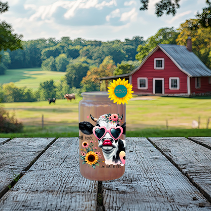 16oz Glass Tumbler – Floral Heifer Cow with Sunglasses