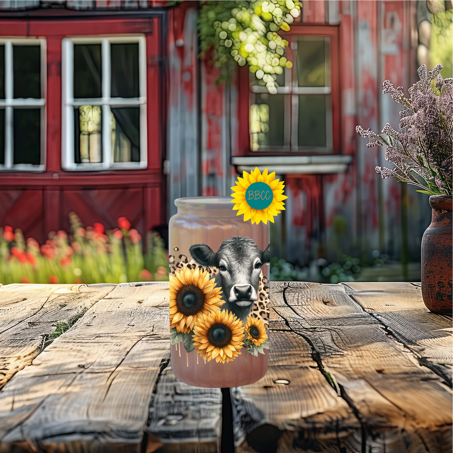 16oz Sunflower Cow Glass Tumbler