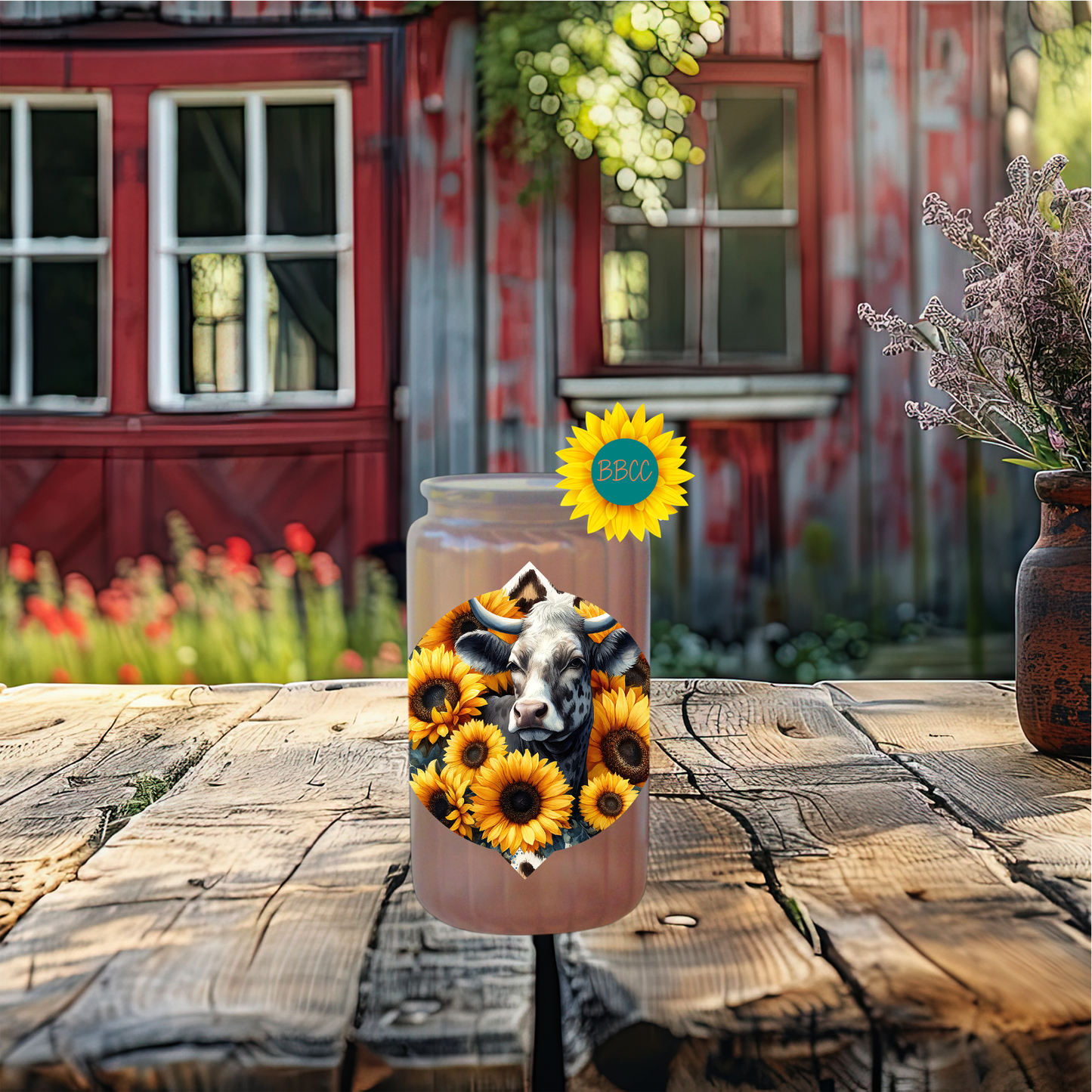 16oz Sunflower Cow Circle Glass Tumbler