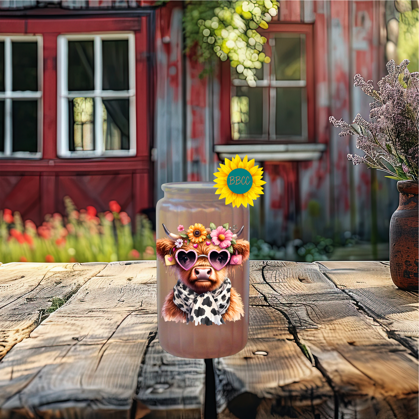 16oz Glass Tumbler – Floral Highland Cow