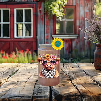 16oz Glass Tumbler – Floral Highland Cow