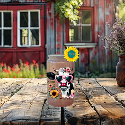 16oz Glass Tumbler – Floral Heifer Cow with Sunglasses