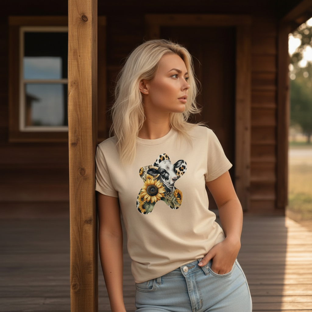 Adult Dairy Cow Sunflower Western Graphic Tee