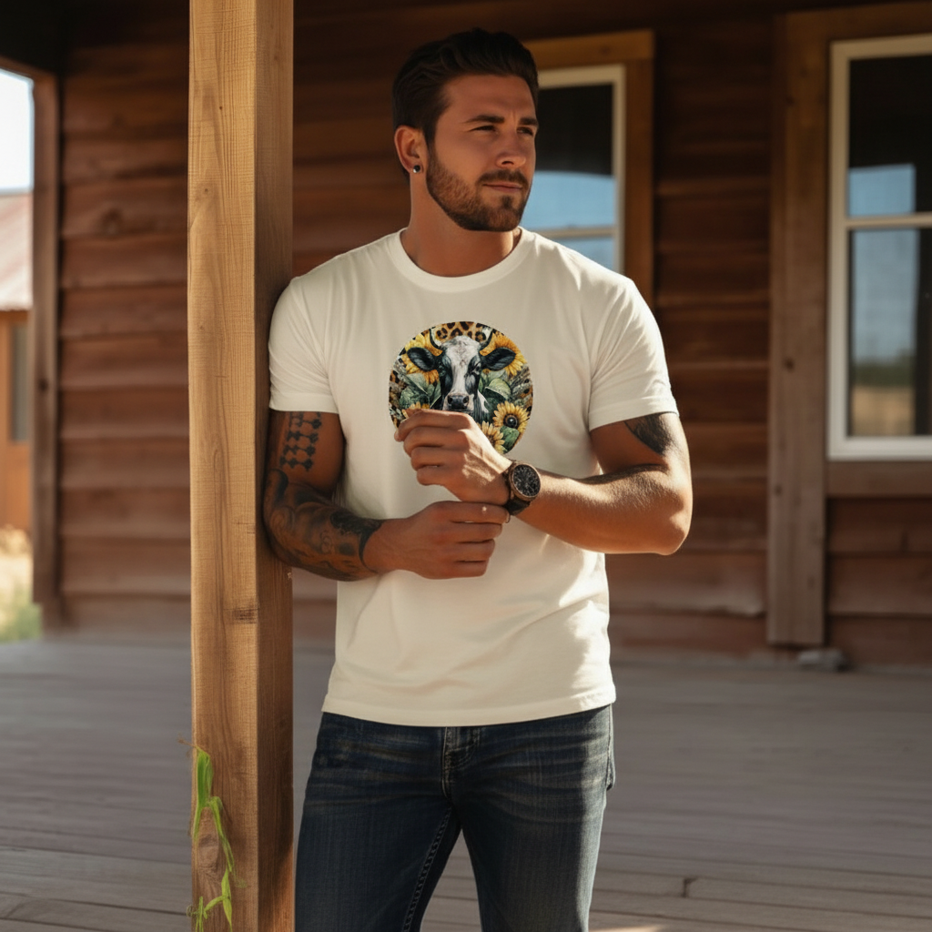 DAdult airy Cow Sunflower Circle Graphic Tee