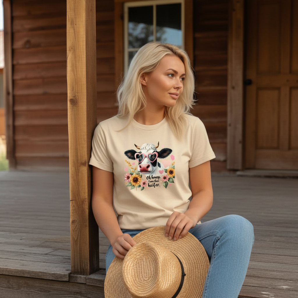 Adult Sassy Cow Floral Heart Sunglasses Graphic Tee
