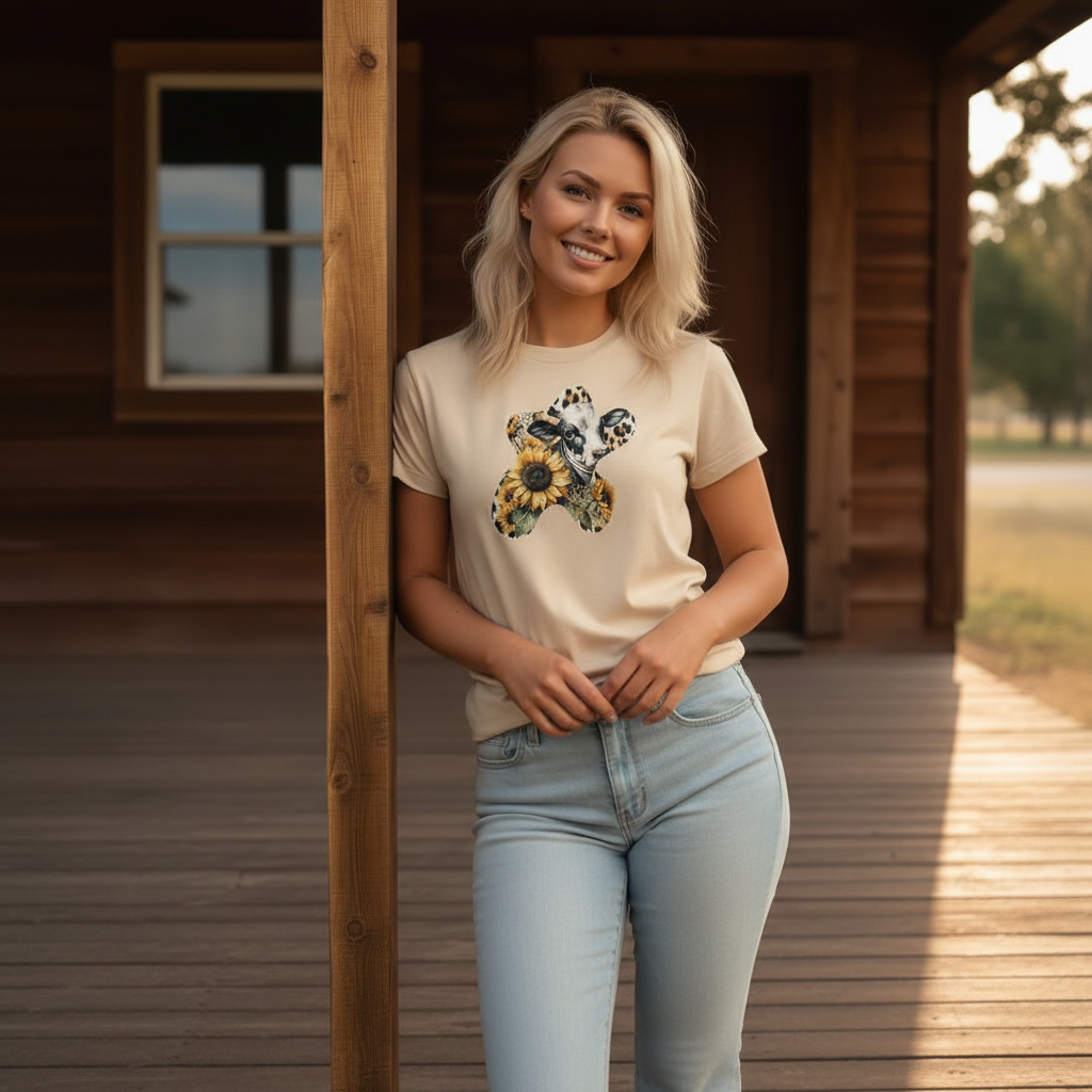 Adult Dairy Cow Sunflower Western Graphic Tee