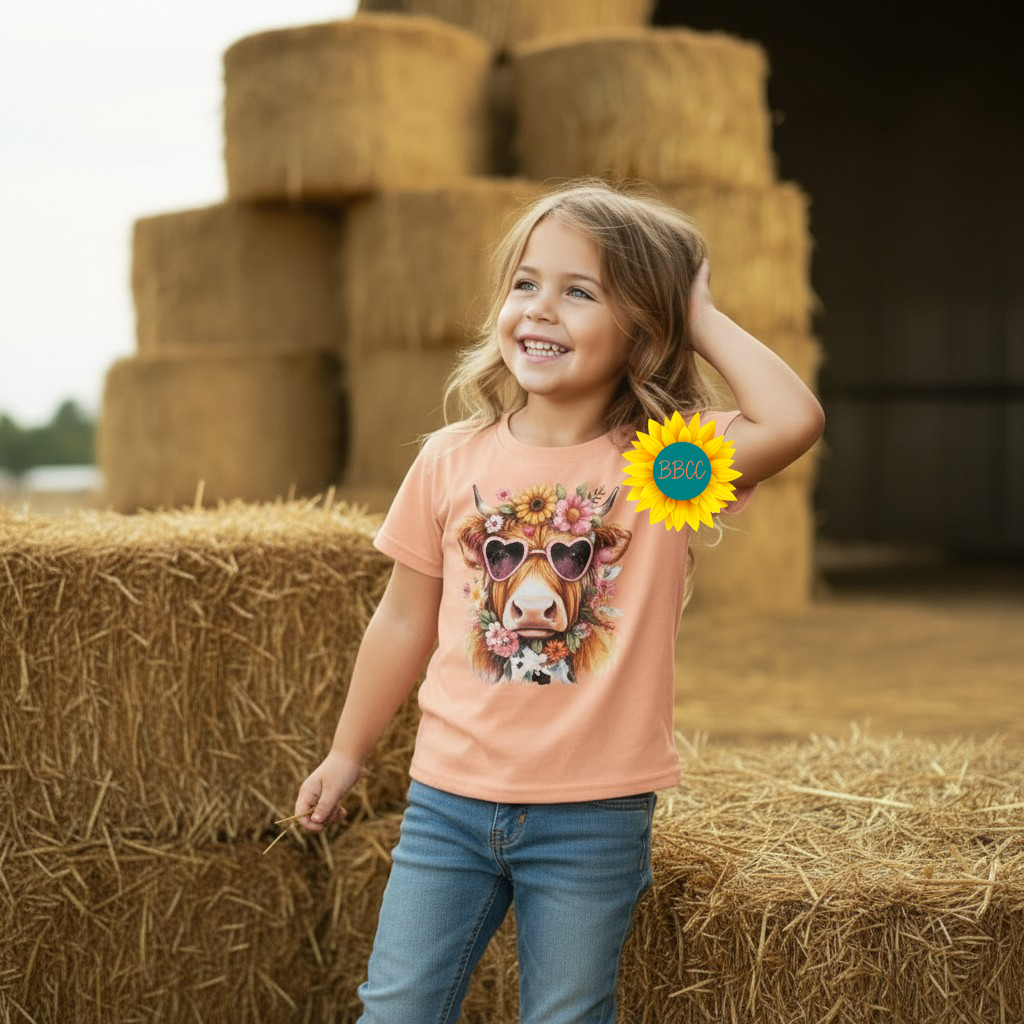 Highland Cow Floral Sunglasses Youth Graphic Tee