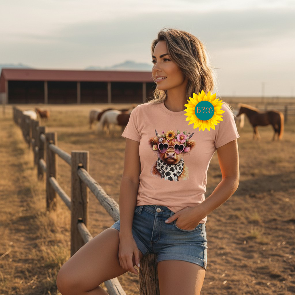 Adult Highland Cow Floral Sunglasses Graphic Tee