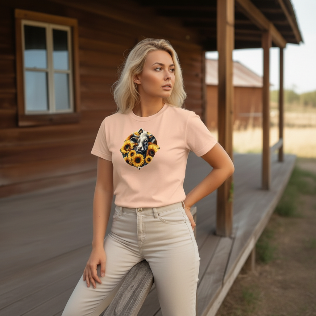 Adult Dairy Cow Sunflower Country Style Tee