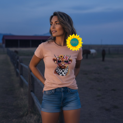Adult Highland Cow Floral Sunglasses Graphic Tee