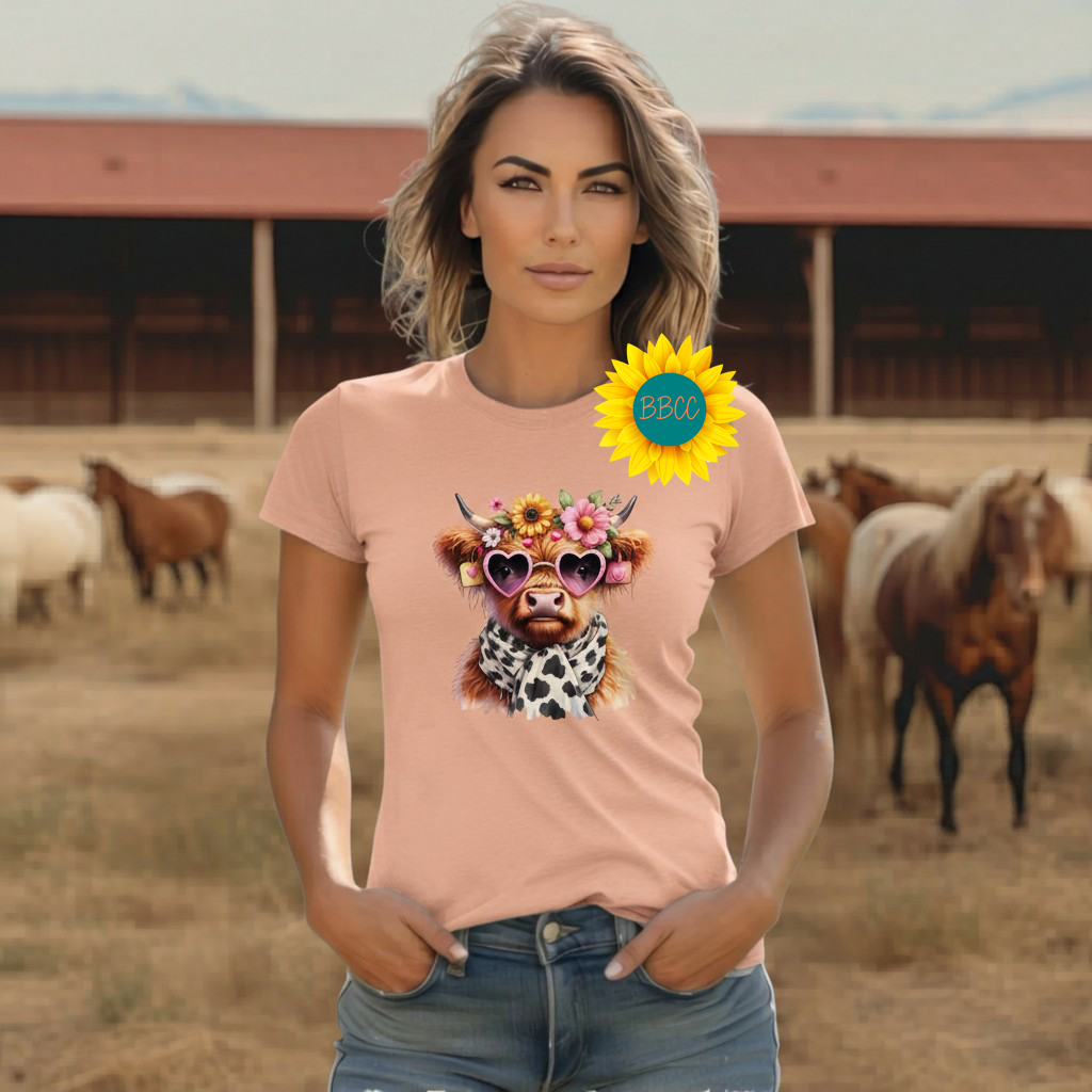 Adult Highland Cow Floral Sunglasses Graphic Tee