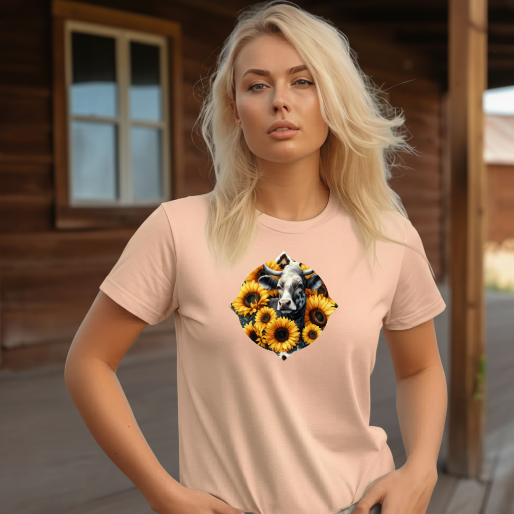 Adult Dairy Cow Sunflower Country Style Tee