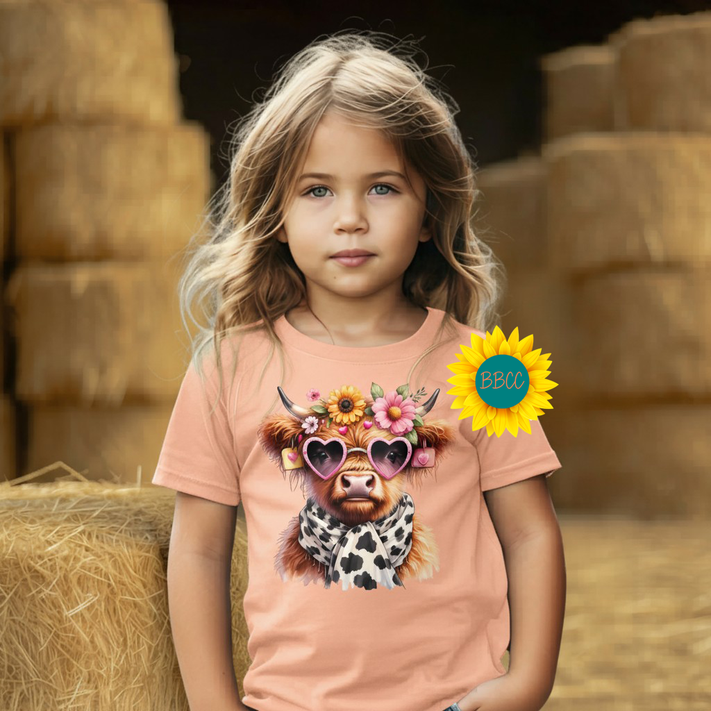 Highland Cow Floral Sunglasses Youth Graphic Tee
