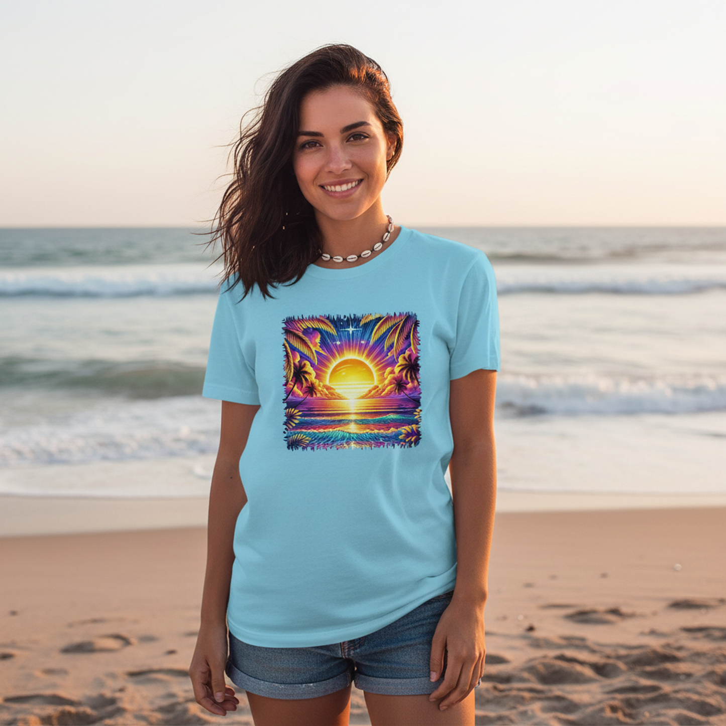 Adult Tropical Sunset Ocean Graphic Tee