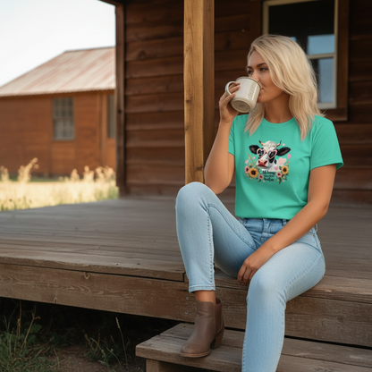 Adult Sassy Cow Floral Heart Sunglasses Graphic Tee
